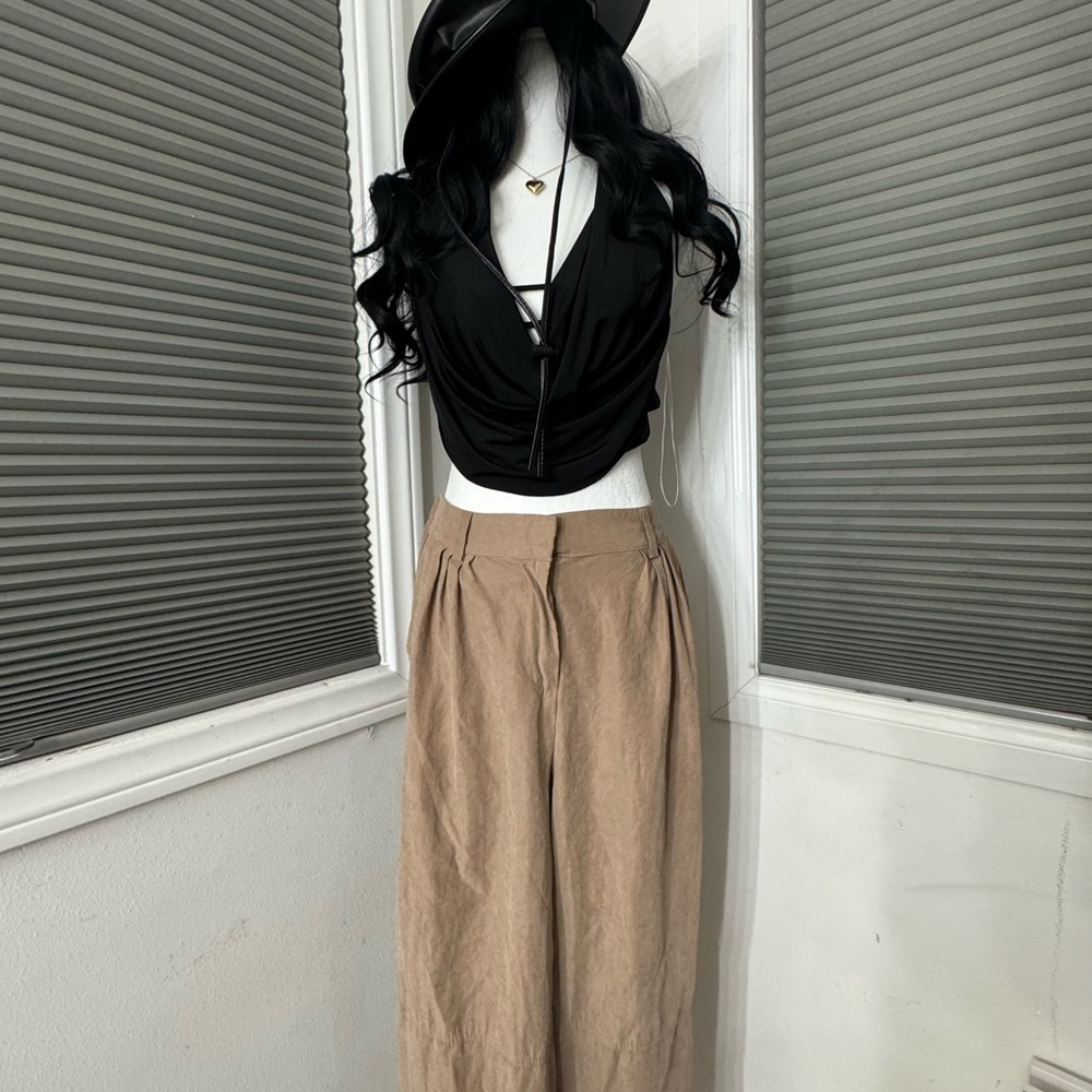 Christian Lacroix Taupe Linen-Blend Wide Leg Pants | Vintage Minimal | Size M